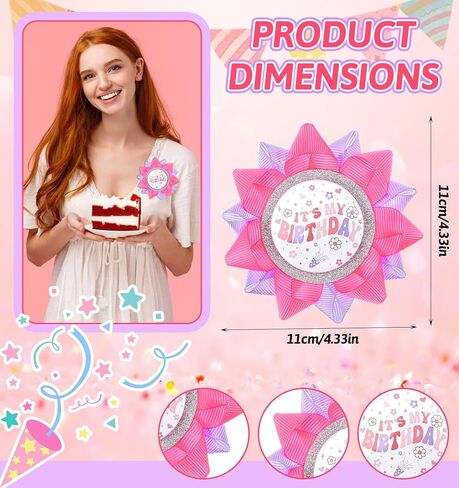 Happy Birthday Button - Birthday Girl Button Handmade Grosgrain Ribbon Party Favors for Girls & Women, Hot Pink & Purple Date of Birth Decorations with Charm in Kuwait