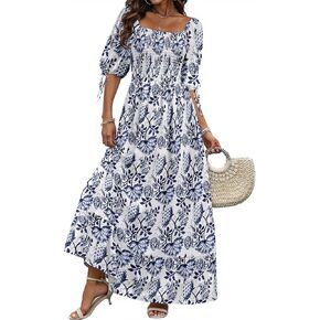 Women Boho Maxi Dresses Summer 2025 Puff Sleeve Square Neck Smocked Aline Casual Ruffle Tiered Flowy Beach Long Dress Pocket in Kuwait