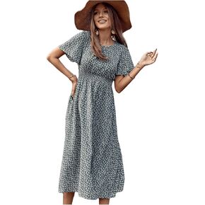Floerns Women's Casual Floral Print Crewneck Short Sleeve A Line Boho Maxi Dress in Saudi Arabia