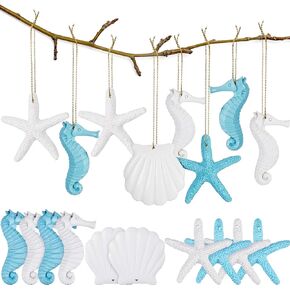 30 Pieces Resin Christmas Ornaments Tree Decorations Pencil Finger Starfish Seahorse Seashells Ocean Themed Hanging with Drilled Hole Rope for Wedding Party Decor DIY(Blue, White) in Kuwait