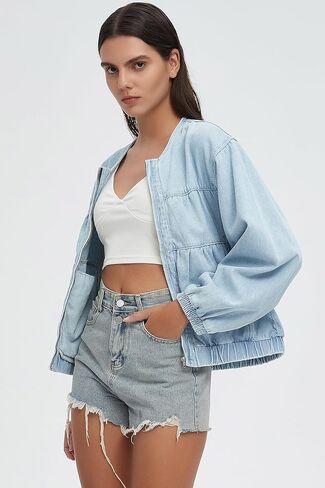 D-Sun Women Denim Jacket Casual Crewneck Long Sleeves Cropped Zip Collarless Jean Shirt Jacket with Pockets in Kuwait