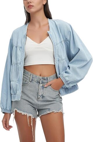 D-Sun Women Denim Jacket Casual Crewneck Long Sleeves Cropped Zip Collarless Jean Shirt Jacket with Pockets in Kuwait