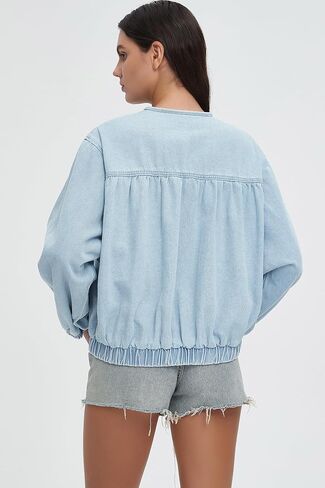 D-Sun Women Denim Jacket Casual Crewneck Long Sleeves Cropped Zip Collarless Jean Shirt Jacket with Pockets in Kuwait