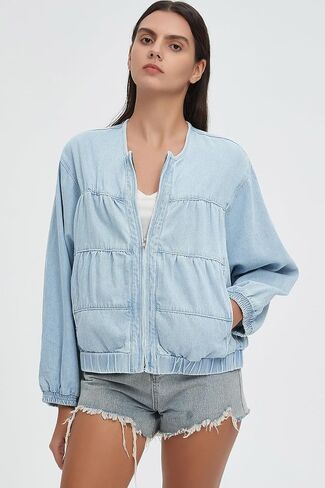 D-Sun Women Denim Jacket Casual Crewneck Long Sleeves Cropped Zip Collarless Jean Shirt Jacket with Pockets in Kuwait