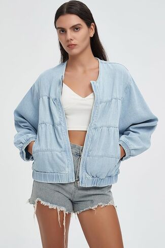 D-Sun Women Denim Jacket Casual Crewneck Long Sleeves Cropped Zip Collarless Jean Shirt Jacket with Pockets in Kuwait