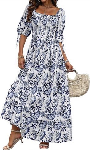 Women Boho Maxi Dresses Summer 2025 Puff Sleeve Square Neck Smocked Aline Casual Ruffle Tiered Flowy Beach Long Dress Pocket in Kuwait