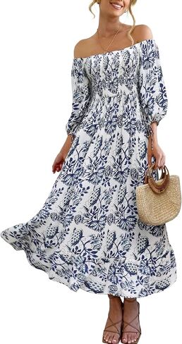 Women Boho Maxi Dresses Summer 2025 Puff Sleeve Square Neck Smocked Aline Casual Ruffle Tiered Flowy Beach Long Dress Pocket in Kuwait