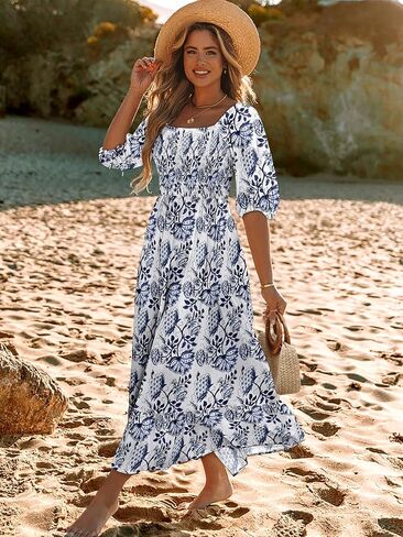 Women Boho Maxi Dresses Summer 2025 Puff Sleeve Square Neck Smocked Aline Casual Ruffle Tiered Flowy Beach Long Dress Pocket in Kuwait