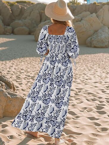 Women Boho Maxi Dresses Summer 2025 Puff Sleeve Square Neck Smocked Aline Casual Ruffle Tiered Flowy Beach Long Dress Pocket in Kuwait
