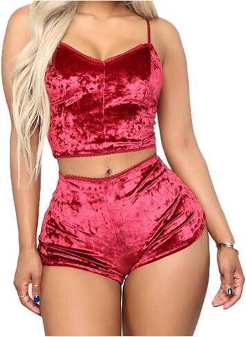Women Sexy Lingerie Babydoll Strappy Velvet Pajama Set 2 Piece Sleepwear Camisole with Shorts Outfit in Kuwait