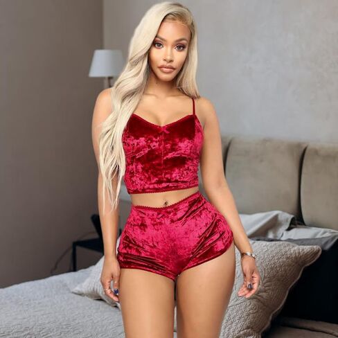 Women Sexy Lingerie Babydoll Strappy Velvet Pajama Set 2 Piece Sleepwear Camisole with Shorts Outfit in Kuwait