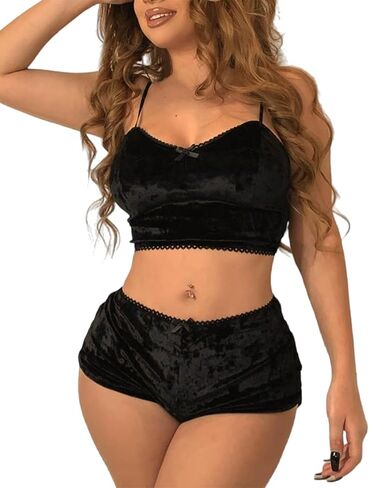 Women Sexy Lingerie Babydoll Strappy Velvet Pajama Set 2 Piece Sleepwear Camisole with Shorts Outfit in Kuwait