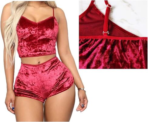 Women Sexy Lingerie Babydoll Strappy Velvet Pajama Set 2 Piece Sleepwear Camisole with Shorts Outfit in Kuwait
