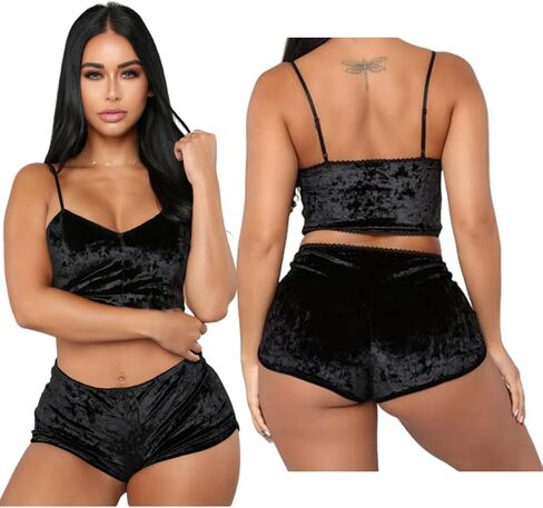 Women Sexy Lingerie Babydoll Strappy Velvet Pajama Set 2 Piece Sleepwear Camisole with Shorts Outfit in Kuwait