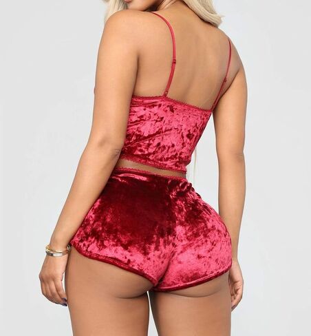 Women Sexy Lingerie Babydoll Strappy Velvet Pajama Set 2 Piece Sleepwear Camisole with Shorts Outfit in Kuwait