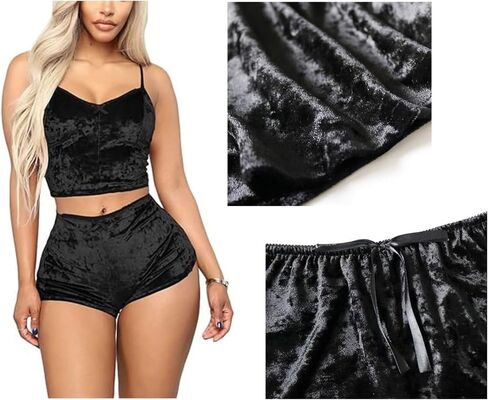Women Sexy Lingerie Babydoll Strappy Velvet Pajama Set 2 Piece Sleepwear Camisole with Shorts Outfit in Kuwait