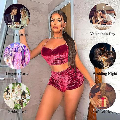 Women Sexy Lingerie Babydoll Strappy Velvet Pajama Set 2 Piece Sleepwear Camisole with Shorts Outfit in Kuwait
