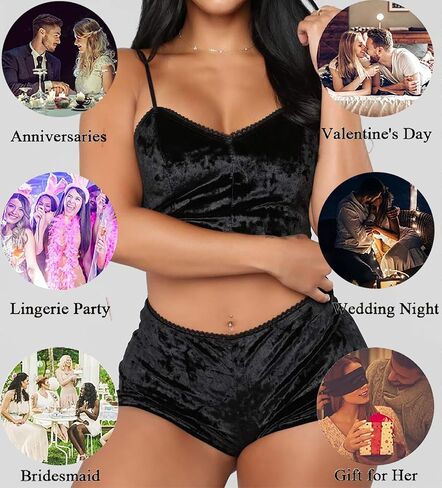 Women Sexy Lingerie Babydoll Strappy Velvet Pajama Set 2 Piece Sleepwear Camisole with Shorts Outfit in Kuwait