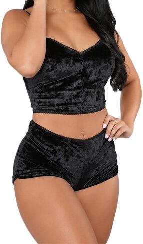 Women Sexy Lingerie Babydoll Strappy Velvet Pajama Set 2 Piece Sleepwear Camisole with Shorts Outfit in Kuwait