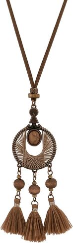 قلادة شرابة خشبية من Minachi Bohemian وسلسلة جلدية وارتداء يوم عطلة على الشاطئ ، هدية للنساء in Saudi Arabia