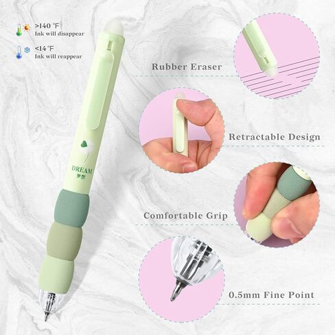 Temiary 18Pcs Aesthetic Retractable Erasable Gel Pens, Make Mistakes Disappear, 8 Pens & 10 Refills, Cartoon Smooth Writing Pen, 0.5 mm Black & Blue Ink Pen, Office School Supplies. (Purple Theme in Kuwait