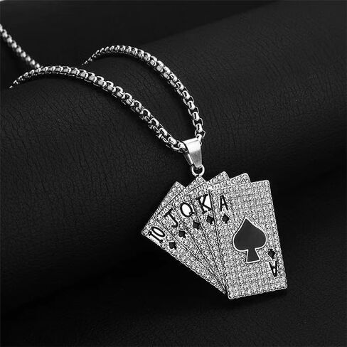 الهيب هوب لعب بطاقة البوكر CZ قلادة القلادة من الفولاذ المقاوم للصدأ بانك حظا سعيدا آس من spade قلب ألعاب Flush Flush الأنيقة قلادة سلسلة الكريستال راينستون للرجال in Saudi Arabia