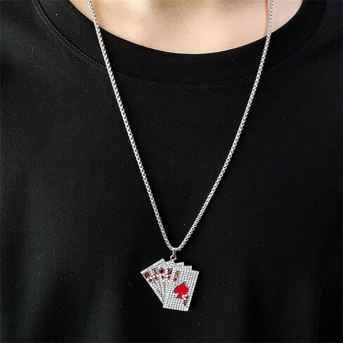 الهيب هوب لعب بطاقة البوكر CZ قلادة القلادة من الفولاذ المقاوم للصدأ بانك حظا سعيدا آس من spade قلب ألعاب Flush Flush الأنيقة قلادة سلسلة الكريستال راينستون للرجال in Saudi Arabia
