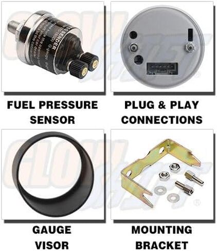 GlowShift Tinted Series 100 PSI Fuel Pressure Gauge Kit - includes Sensor - White LED Backlit - Smoked Lens - for Car & Truck - 2-1/16" 52mm in Saudi Arabia