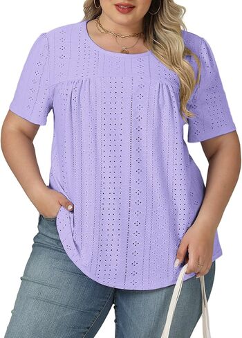 VISLILY Womens-Plus-Size-Summer-Tops Trendy Eyelet Embroidery T Shirts Cute Curved Hem Tunics Casual Short Sleeve Blouse Tees in Saudi Arabia