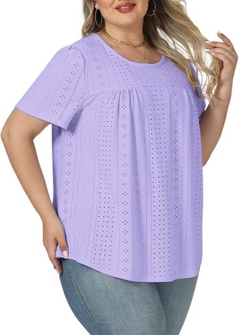 VISLILY Womens-Plus-Size-Summer-Tops Trendy Eyelet Embroidery T Shirts Cute Curved Hem Tunics Casual Short Sleeve Blouse Tees in Saudi Arabia
