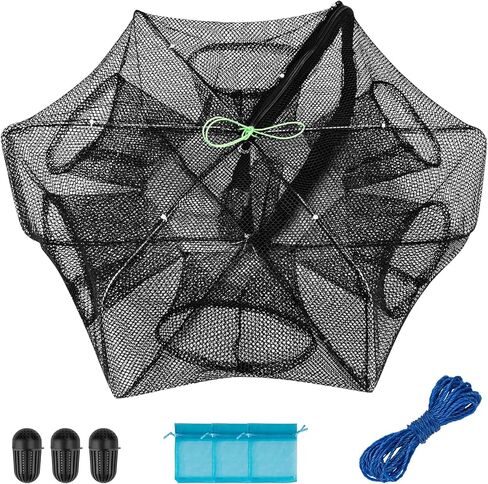 QualyQualy Fishing Bait Trap Crab Net Fishing Trap for Minnow/Crab/Shrimp/Crawdad with Rope, 10 Holes Large Space Fishing Net in Kuwait