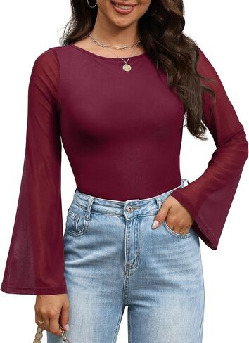 Womens Bell Sheer Sleeve Tops Boat Neck Double Lined Going Out Lace Mesh Shirts Blouses Night Out Outfits in Kuwait