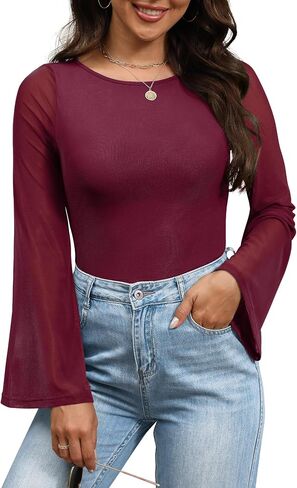 Womens Bell Sheer Sleeve Tops Boat Neck Double Lined Going Out Lace Mesh Shirts Blouses Night Out Outfits in Kuwait