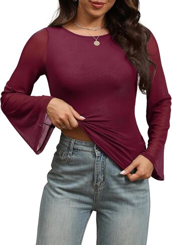Womens Bell Sheer Sleeve Tops Boat Neck Double Lined Going Out Lace Mesh Shirts Blouses Night Out Outfits in Kuwait