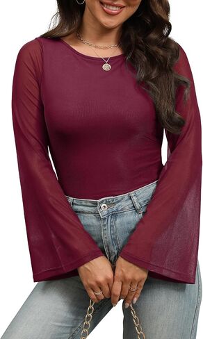 Womens Bell Sheer Sleeve Tops Boat Neck Double Lined Going Out Lace Mesh Shirts Blouses Night Out Outfits in Kuwait