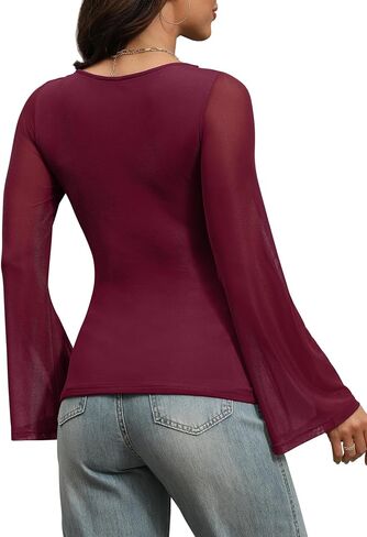 Womens Bell Sheer Sleeve Tops Boat Neck Double Lined Going Out Lace Mesh Shirts Blouses Night Out Outfits in Kuwait
