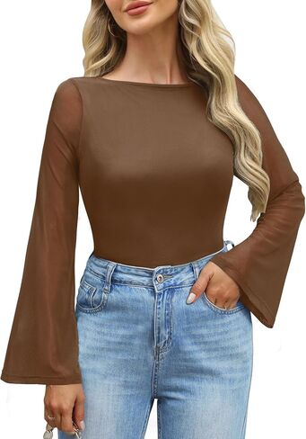 Womens Bell Sheer Sleeve Tops Boat Neck Double Lined Going Out Lace Mesh Shirts Blouses Night Out Outfits in Kuwait