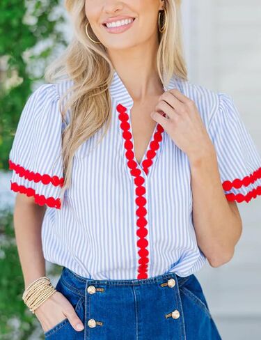 Yeokou Womens Striped Shirt V Neck Short Puff Sleeve Cotton Pullover Top Casual Summer Button Down Rickrack Blouse in Saudi Arabia