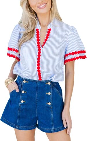 Yeokou Womens Striped Shirt V Neck Short Puff Sleeve Cotton Pullover Top Casual Summer Button Down Rickrack Blouse in Saudi Arabia