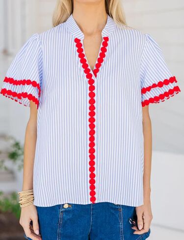 Yeokou Womens Striped Shirt V Neck Short Puff Sleeve Cotton Pullover Top Casual Summer Button Down Rickrack Blouse in Saudi Arabia