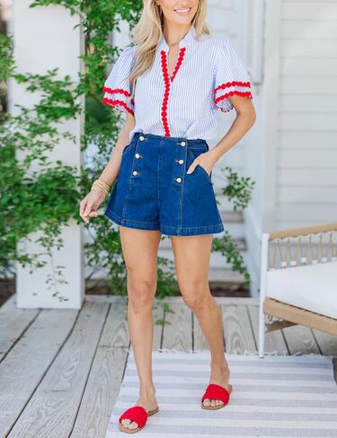 Yeokou Womens Striped Shirt V Neck Short Puff Sleeve Cotton Pullover Top Casual Summer Button Down Rickrack Blouse in Saudi Arabia