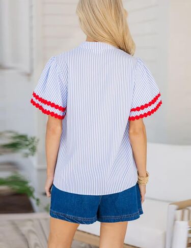 Yeokou Womens Striped Shirt V Neck Short Puff Sleeve Cotton Pullover Top Casual Summer Button Down Rickrack Blouse in Saudi Arabia