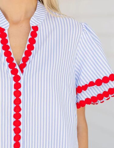 Yeokou Womens Striped Shirt V Neck Short Puff Sleeve Cotton Pullover Top Casual Summer Button Down Rickrack Blouse in Saudi Arabia