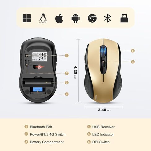 TECKNET Wireless Mouse for Laptop, 2.4G Wireless Bluetooth Mouse, 2-in-1 (BT 5.0/3.0+2.4Ghz) Mouse, 6-Level Adjustable 4000 DPI, USB Portable Mouse in Saudi Arabia