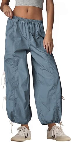 Zhiyouni Parachute Pants for Women Elastic High Waist Full Twist Hiking Cargo Pants Trousers in Kuwait