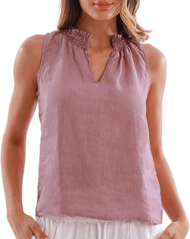Amazhiyu Women's 100% Linen Plant-Dyed Summer Sleeveless Top Mock Neck Blouse in Saudi Arabia