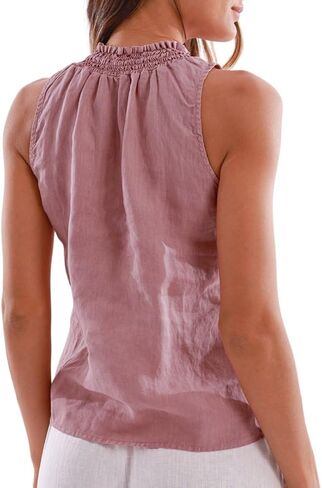 Amazhiyu Women's 100% Linen Plant-Dyed Summer Sleeveless Top Mock Neck Blouse in Saudi Arabia