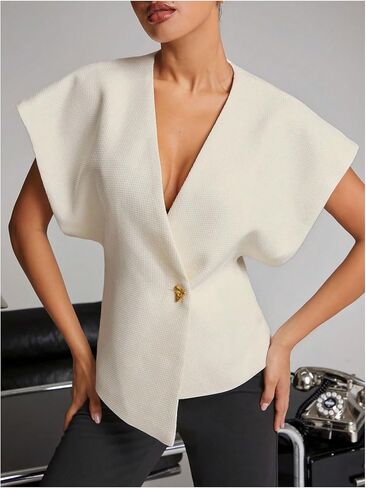Floerns Women's Elegant Dolman Sleeve Blouses Asymmetrical Hem Tweed V Neck Shirts in Saudi Arabia