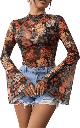 GORGLITTER Women's Floral Bell Sleeve Crop Tops 70s Mesh Vinatge Western Country Concert Blouse in Saudi Arabia