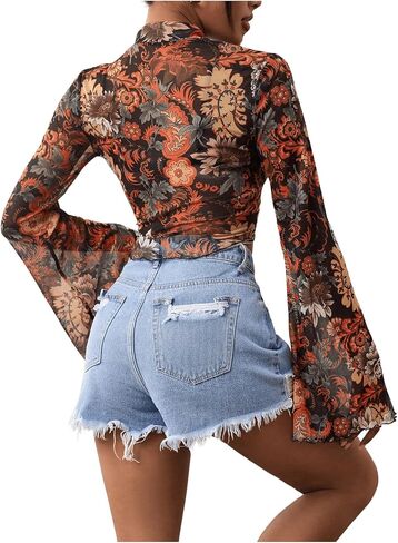 GORGLITTER Women's Floral Bell Sleeve Crop Tops 70s Mesh Vinatge Western Country Concert Blouse in Saudi Arabia